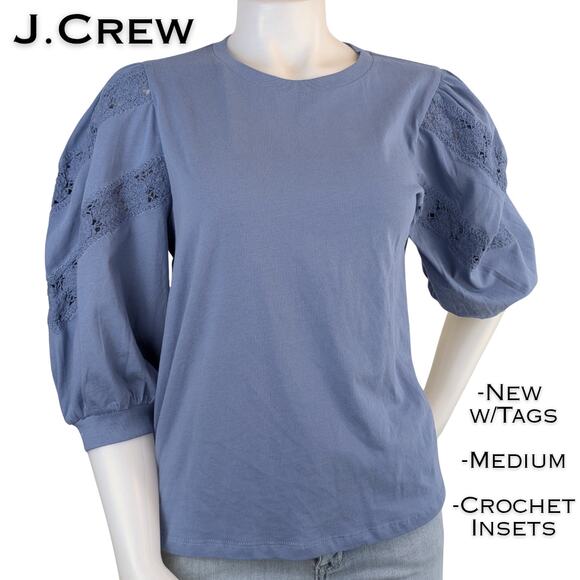 NEW J.Crew Cotton Jersey Knit Top Medium Blue Crocheted Floral Puff 1/2 Sleeve - Picture 1 of 8